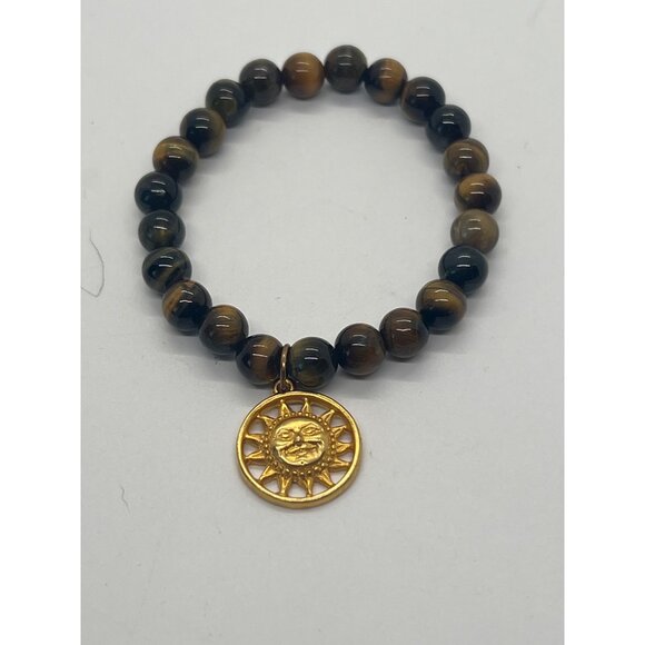 Tigers Eye Stretch Bracelet Gold Tone Sun Pendant Face Sitting at 6.50" - Picture 1 of 5